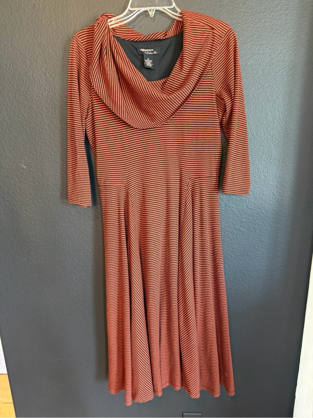 No Boundaries Rust and Black Striped Cowl-Neck Midi Dress